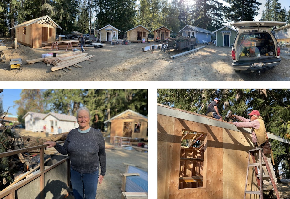 A photo collage of volunteers building houses in the Tiny Houses in the Name of Christ tiny house village
