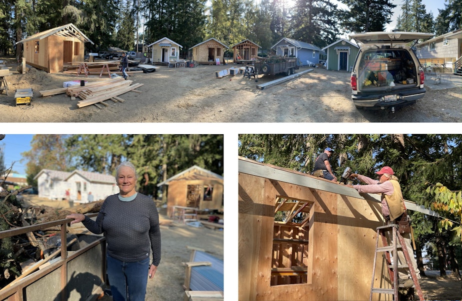 caption: This tiny house village (called Tiny Houses in the Name of Christ) is being built under new zoning rules in Langley, Washington. Bottom left is Deborah Hedlund.