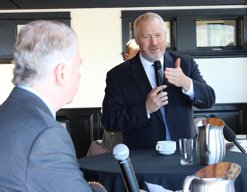 caption: Mayor Mike McGinn and State Senator Ed Murray debating at a Ballard Chamber of Commerce luncheon last month