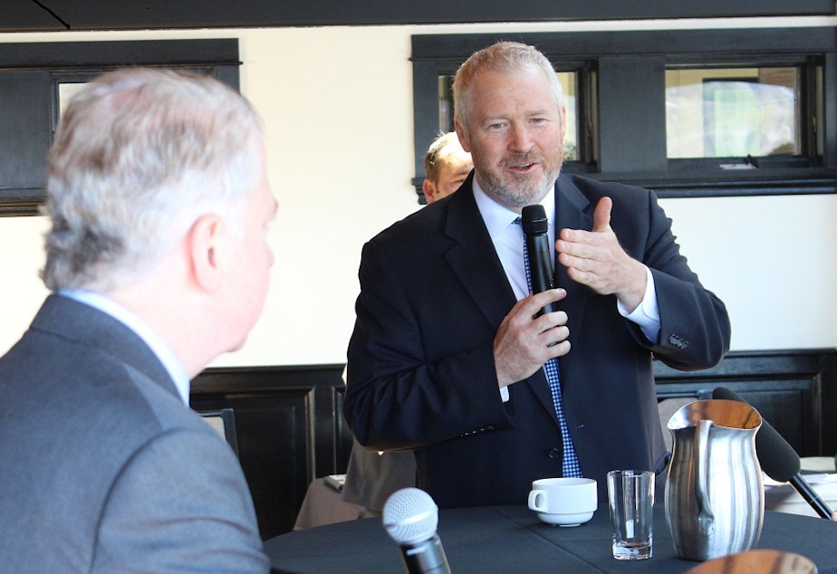 caption: Mayor Mike McGinn and State Senator Ed Murray debating at a Ballard Chamber of Commerce luncheon last month