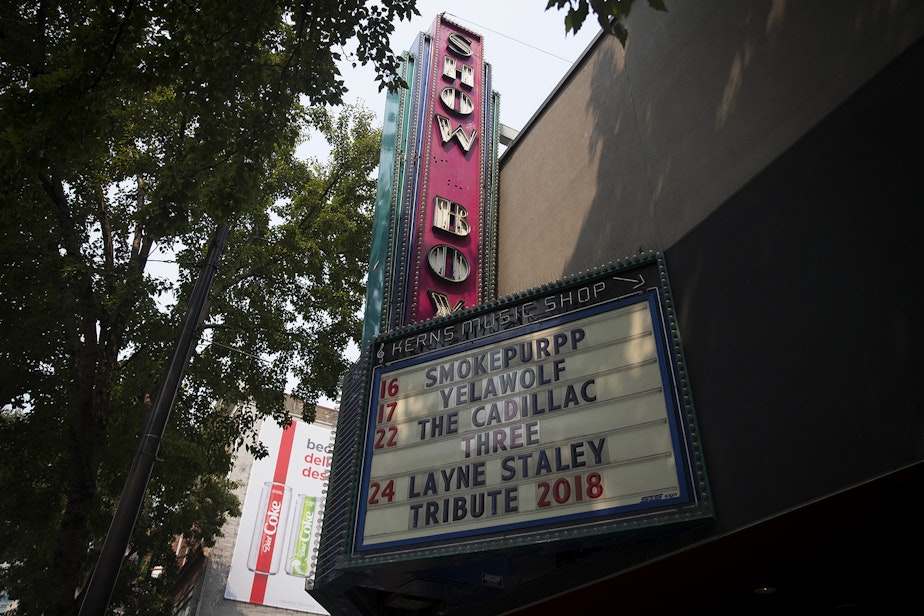 caption: The Showbox is shown on Tuesday, August 14, 2018, on First Avenue in Seattle.
