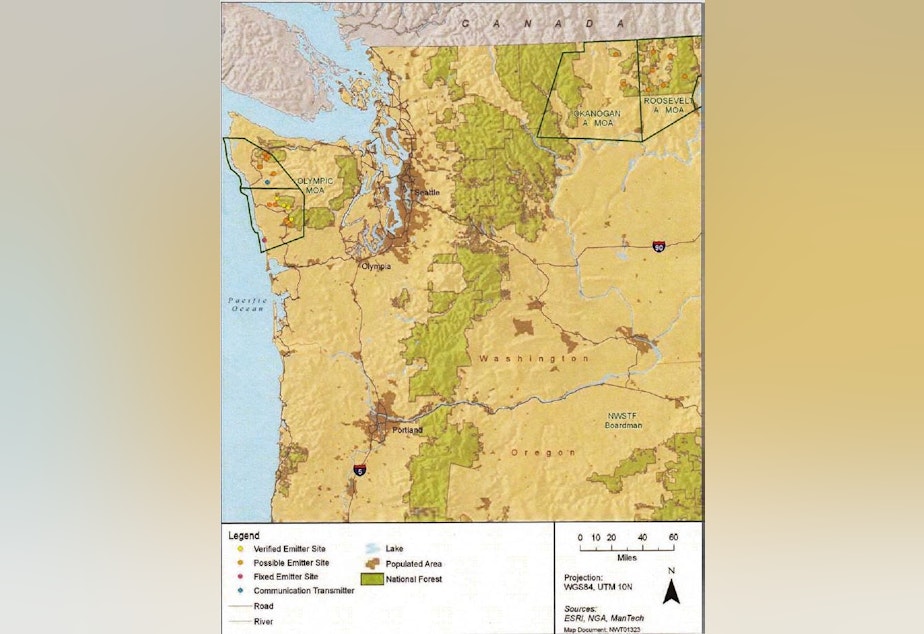 caption: A map shows where the Navy war training area could be located.