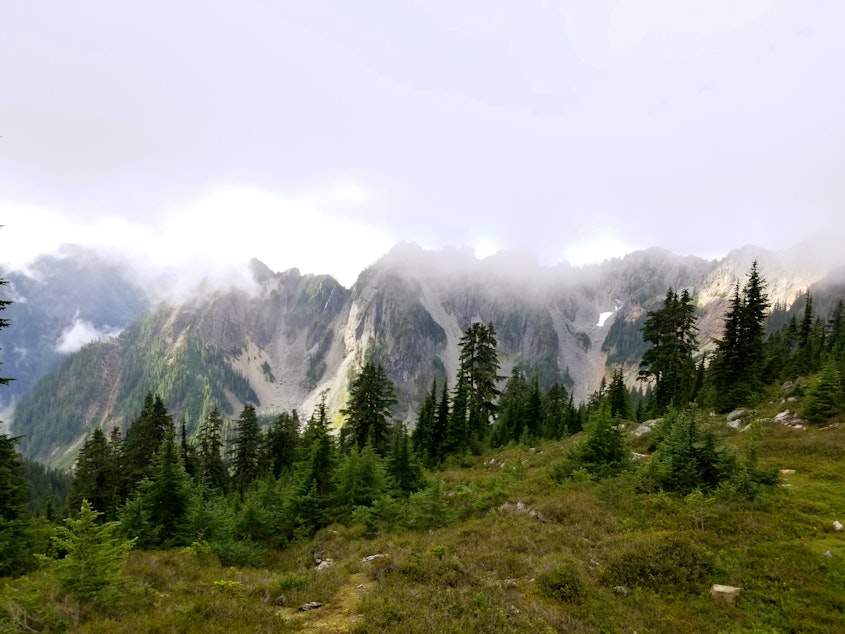 caption: Morning on the Pacific Crest Trail near Kendall Katwalk in Washington State, August 25th, 2019