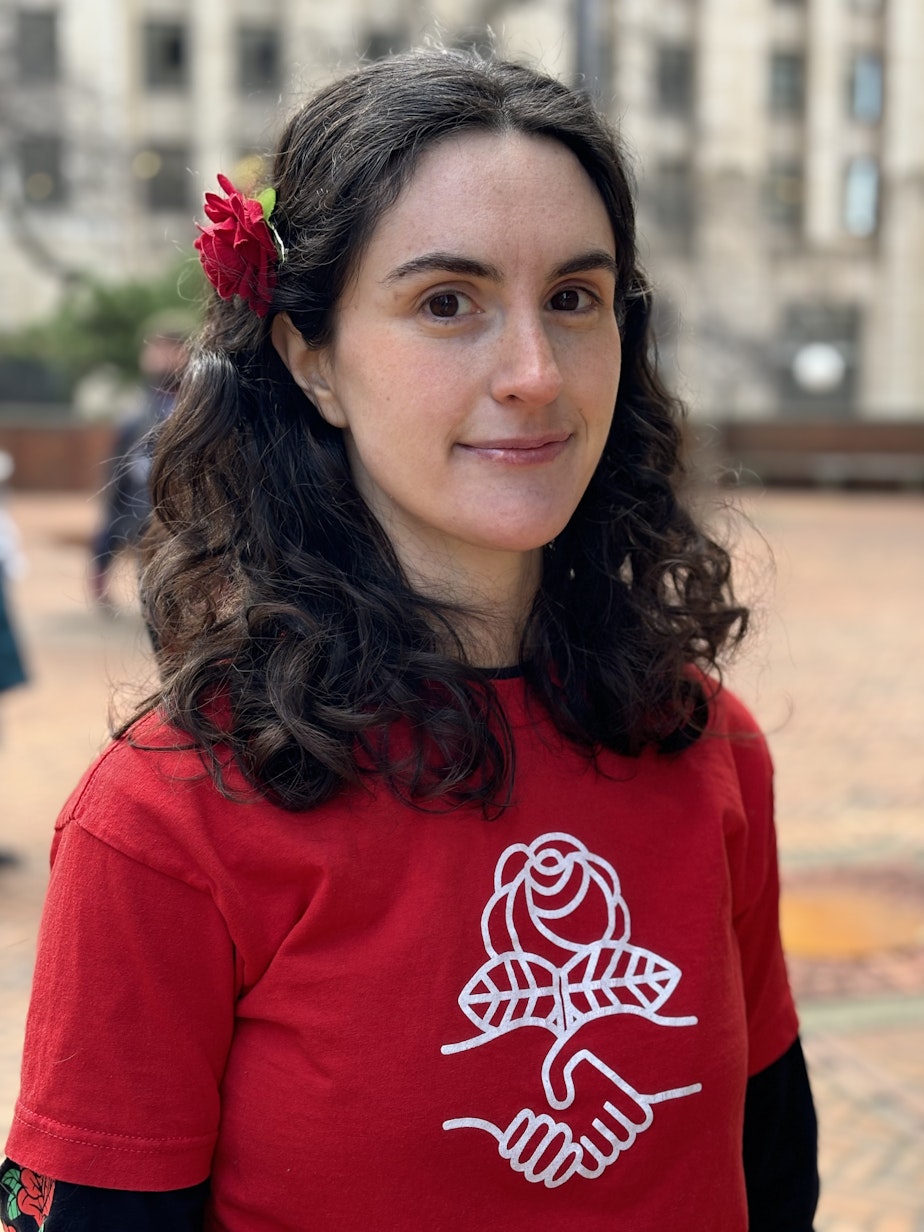 caption: Rebekah Harris Liebermann spoke in support of voting "uncommitted" in Washington's Democratic presidential primary election on March 4, 2024. Washington state's presidential primary election will be held on March 12.