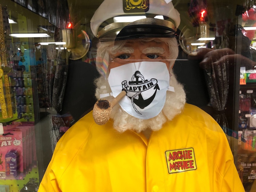 caption: Cap'n Archie, at Archie McPhee in Seattle's Wallingford Neighborhood, wears a facemask