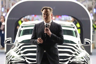 caption: Tesla CEO Elon Musk speaks during the official opening of the new Tesla electric car manufacturing plant near Gruenheide, Germany, on March 22. Musk reportedly wants to lay off 10% of staff because of his worries about the economy.