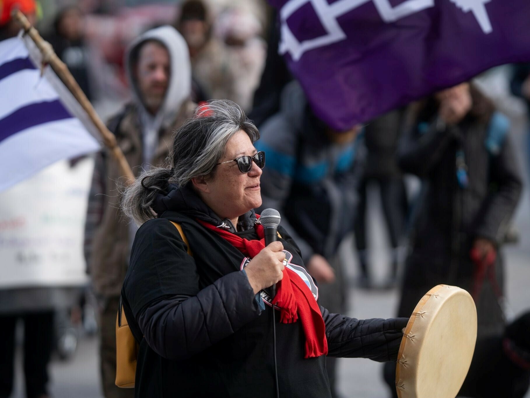 caption: Patty Krawec at a Wet'suwet'en solidarity event at the Canada-U.S. border.
