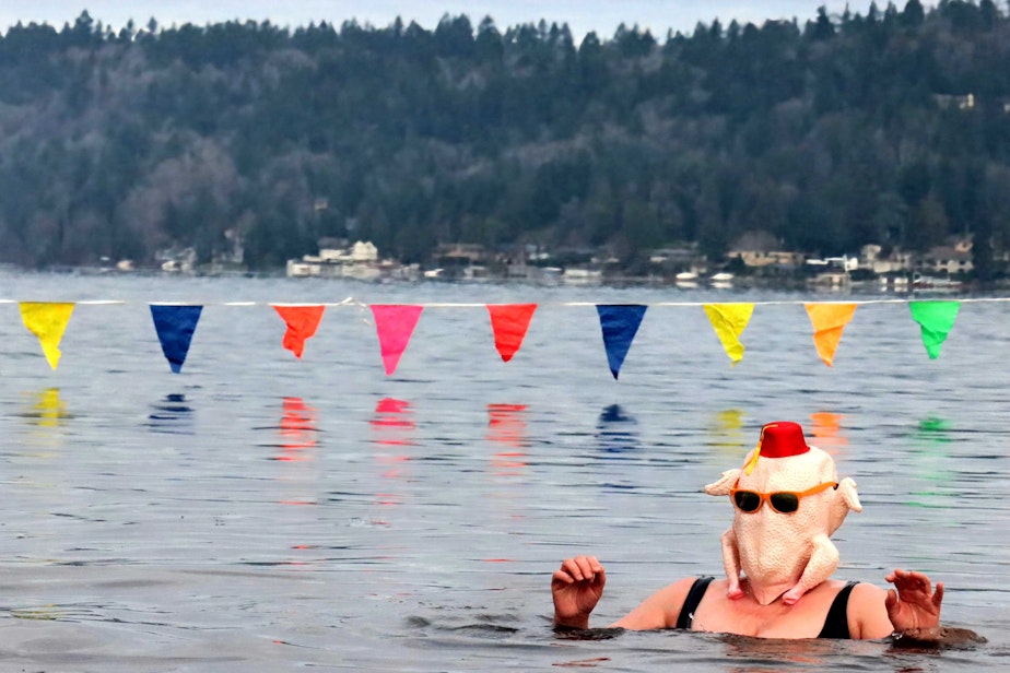 caption: A person dressed as a turkey with sunglasses wades in Lake Washington Monday as part of Seattle's annual Polar Bear Plunge.