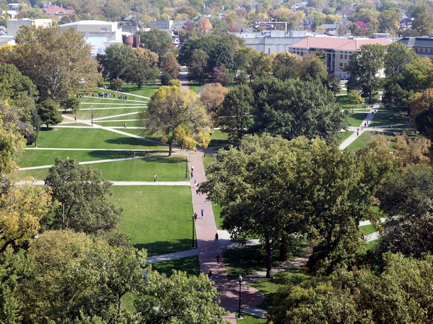 caption: An aerial view of The Oval on the campus of the Ohio State University in Columbus, Ohio.
