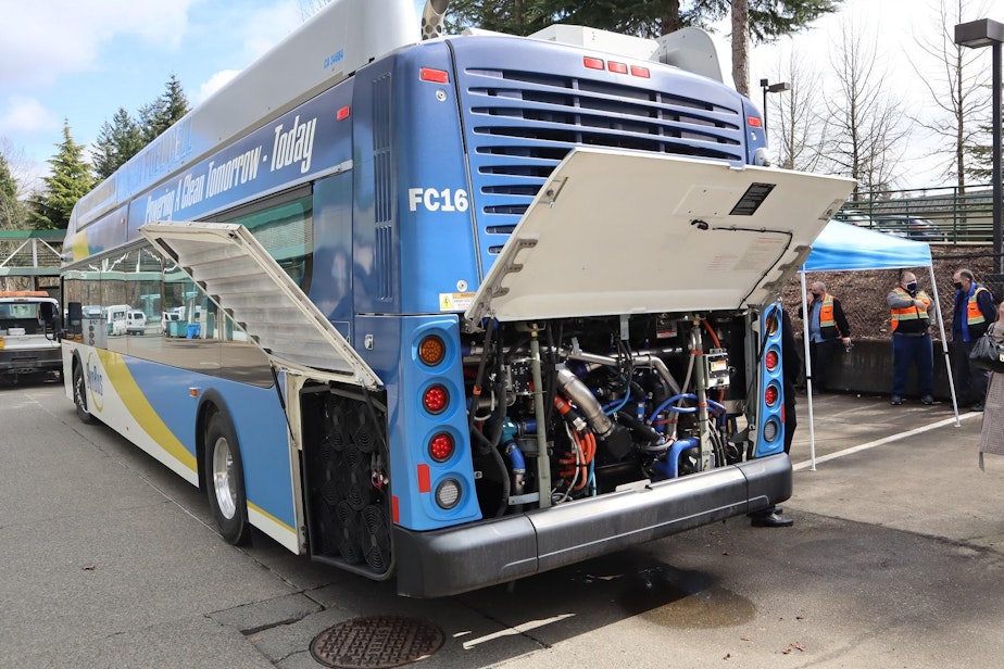 caption: Bus manufacturer New Flyer and fuel cell maker Ballard Power Systems of Vancouver, Canada, showed off the compressed hydrogen-powered bus to Washington and Oregon transit agencies.