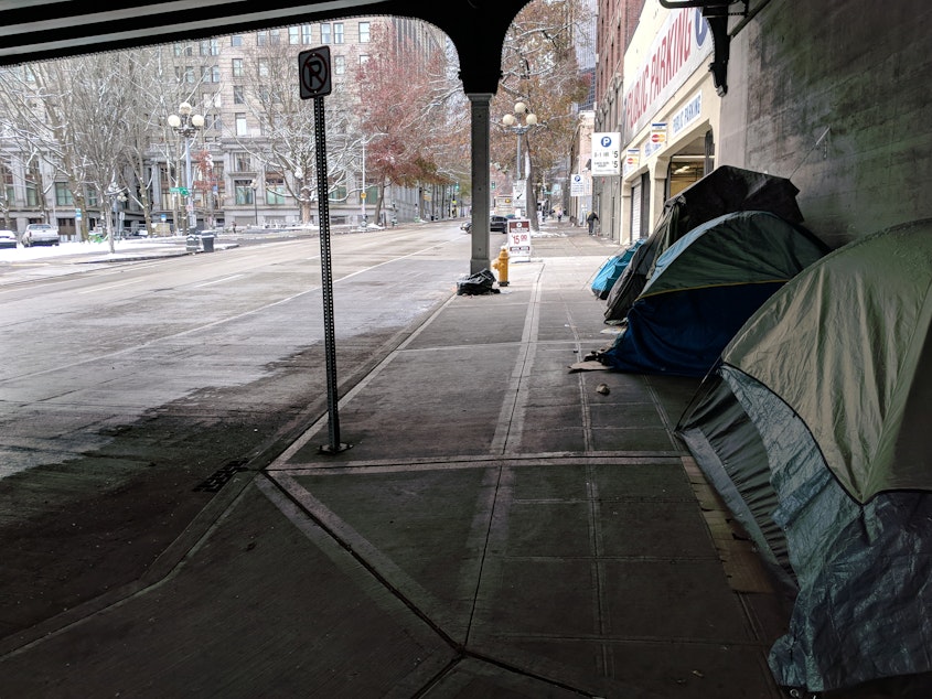 caption: Tents under an overpass in Seattle during freezing temperatures on Monday, February 4th. 