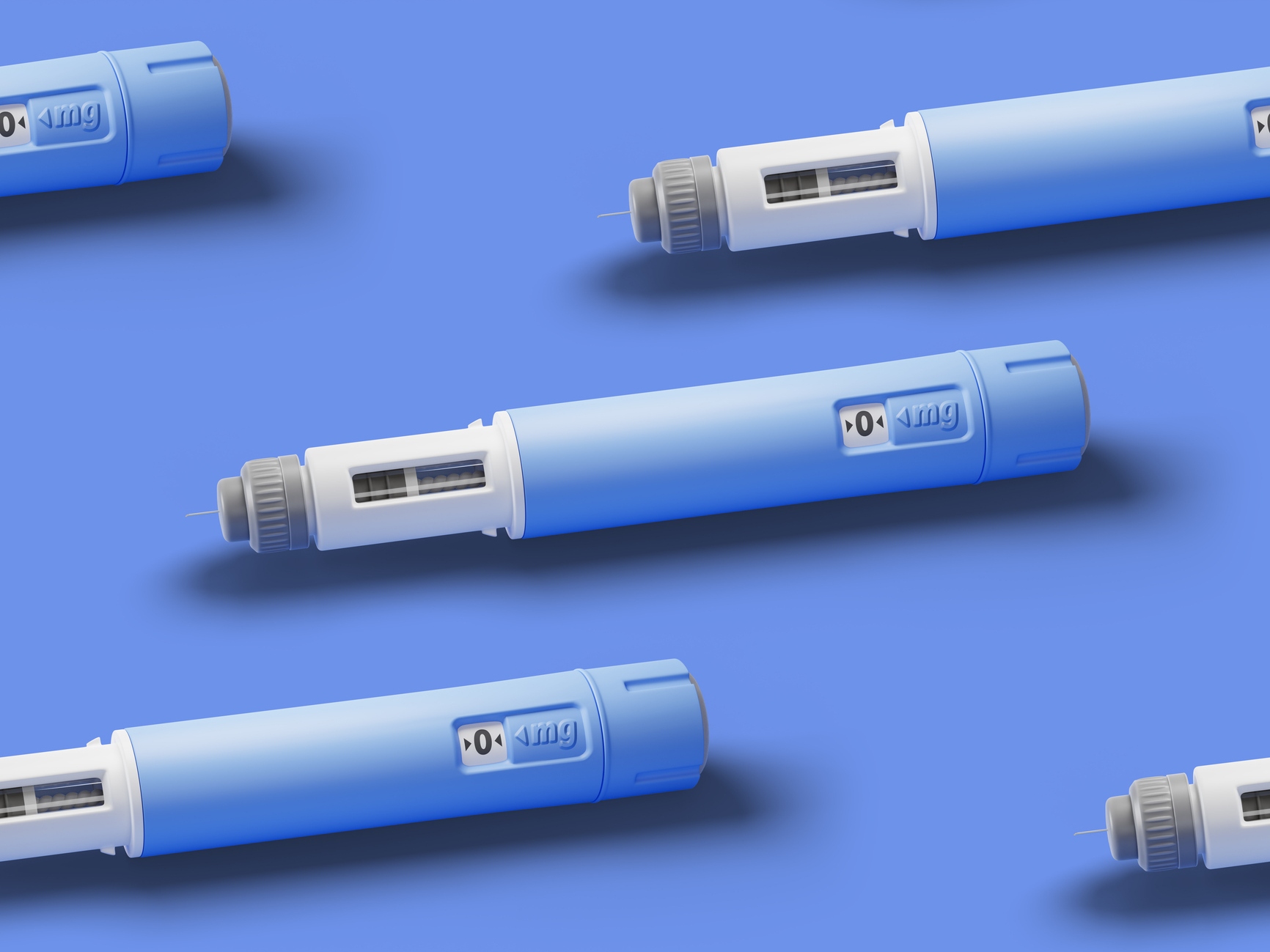 Seamless pattern of Injectors / dosing pens for subcutaneous injection of antidiabetic medication or anti-obesity medication on blue background.