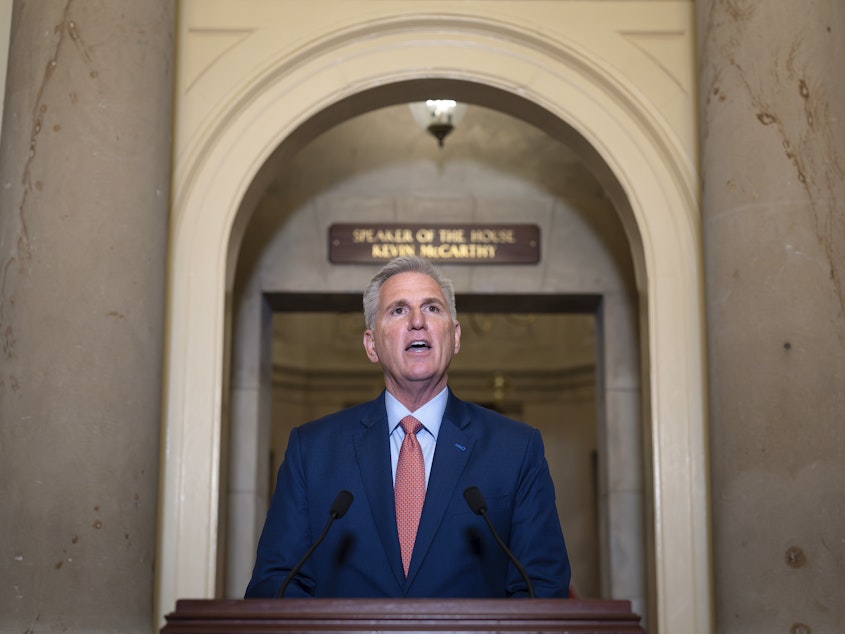 caption: Speaker of the House Kevin McCarthy, R-Calif., speaks outside his Capitol office on Tuesday.
