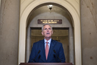 caption: Speaker of the House Kevin McCarthy, R-Calif., speaks outside his Capitol office on Tuesday.