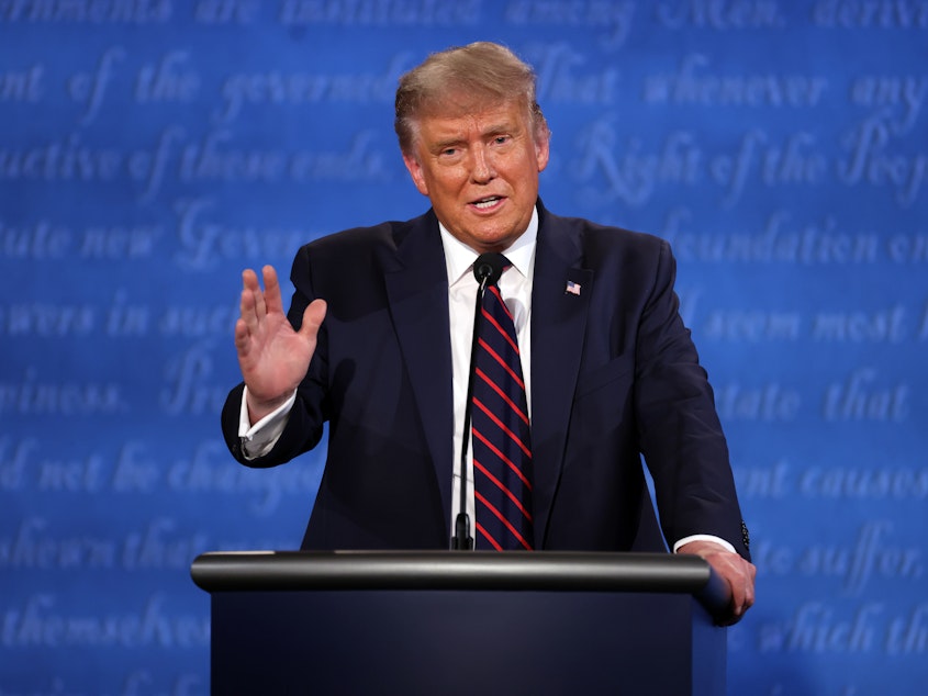 caption: During the Sept. 29 presidential debate with Democratic nominee Joe Biden in Cleveland, President Trump declined to denounce white supremacists. Days later he told Fox News that he condemned right-wing hate groups such as the Ku Klux Klan and the Proud Boys.