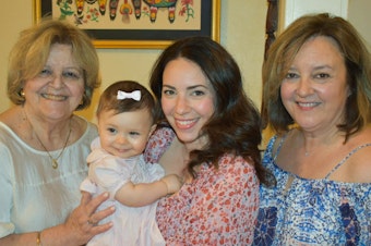 caption: Vivian Garcia Leonard (left); Marissa Sofia Ochs (middle), holding her daughter, Liana; and Vivian J. Leonard (right) talk about being pharmacists in New York, a city that has been especially hard hit during the coronavirus pandemic.