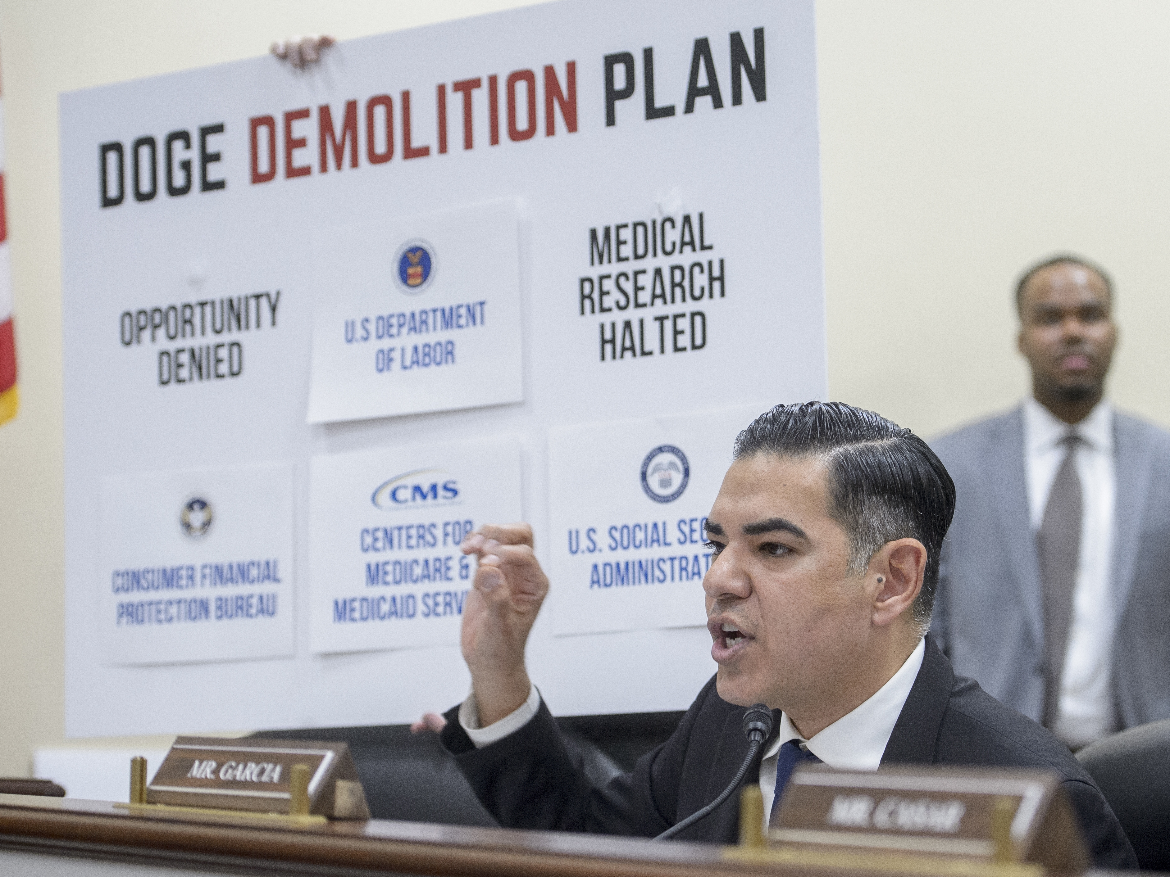 caption: Rep. Robert Garcia, D-Calif., questions witnesses during a House Oversight and Government Reform subcommittee hearing on Feb. 12, 2025, on Capitol Hill.