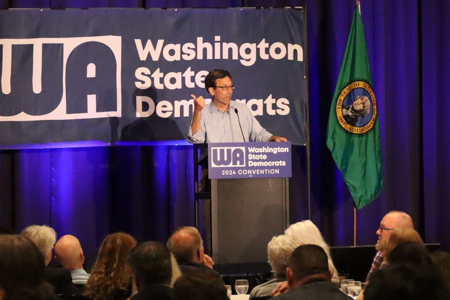caption: Washington Attorney General and gubernatorial candidate Bob Ferguson gave a brief speech at the State Democrats' convention in Bellevue Saturday, June 22, 2024. He warned his party that the race for governor will likely be close and drew clear distinctions between him and his leading Republican opponent.