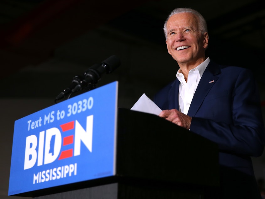 caption: Joe Biden speaks at a campaign event at Tougaloo College on March 08, 2020 in Tougaloo, Miss.