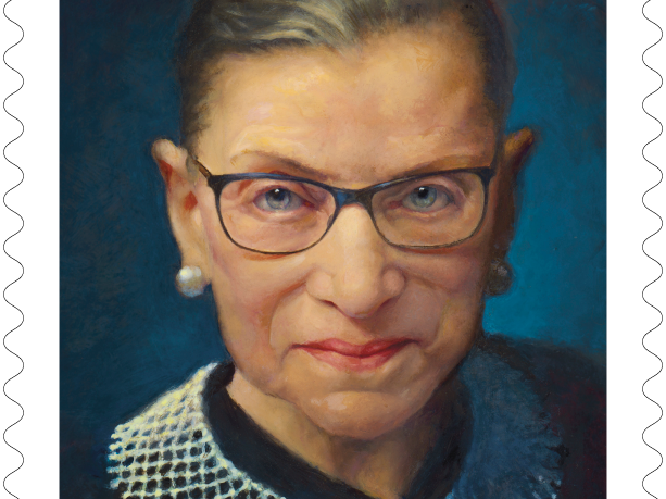 caption: Late Supreme Court Justice Ruth Bader Ginsburg is being honored with a new Forever stamp from the U.S. Postal Service, showing her wearing a white collar with her black judicial robe.