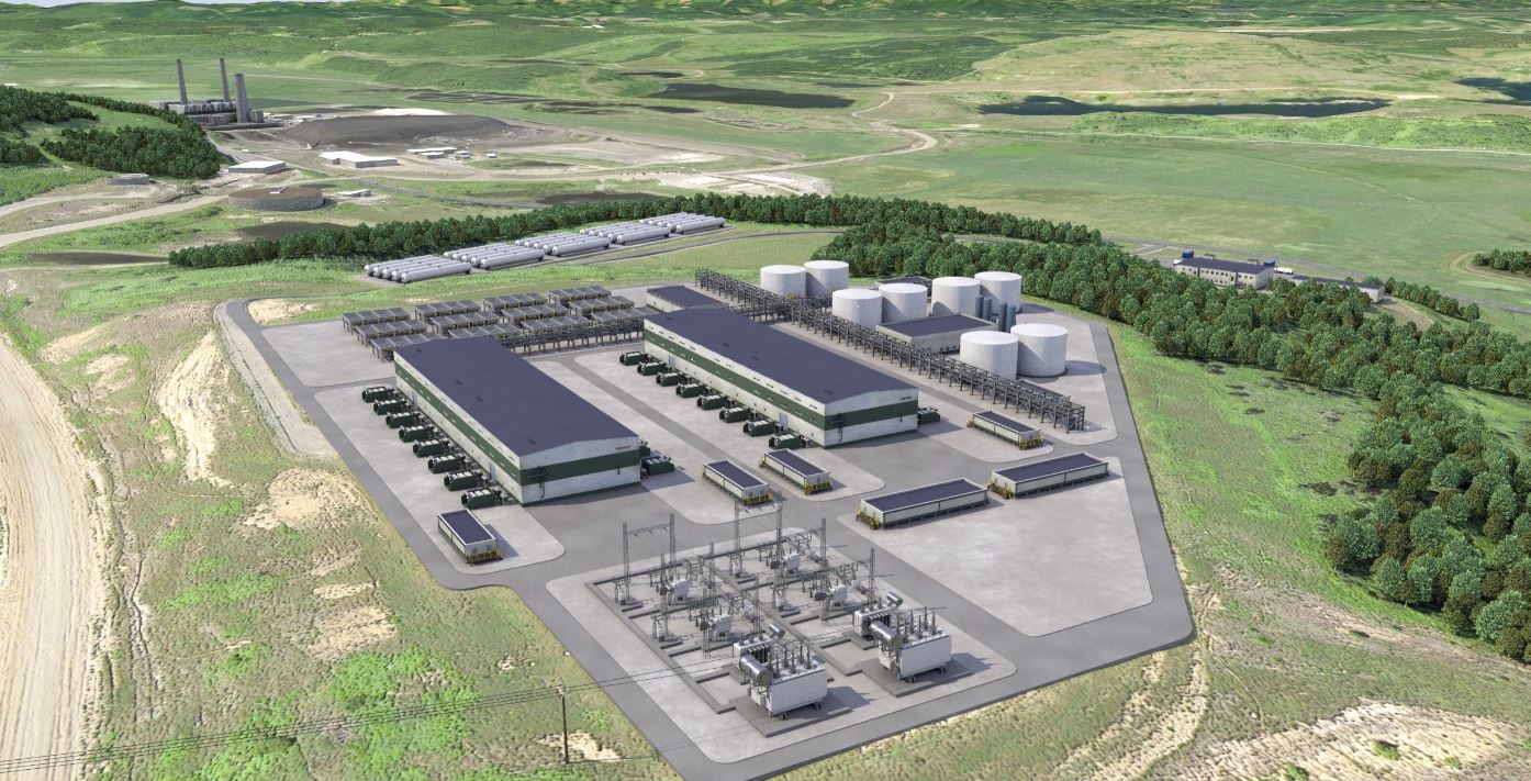 caption: Artist’s rendering of the hydrogen production plant proposed in Centralia, Washington, by Australia-based Fortescue Future Industries. The soon-to-close Centralia coal power station can be seen at left rear.