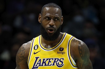 caption: LeBron James now stands alone atop the NBA's all-time scoring list, ousting another Laker great, Kareem Abdul-Jabbar, from the No. 1 spot. James is seen here last month.