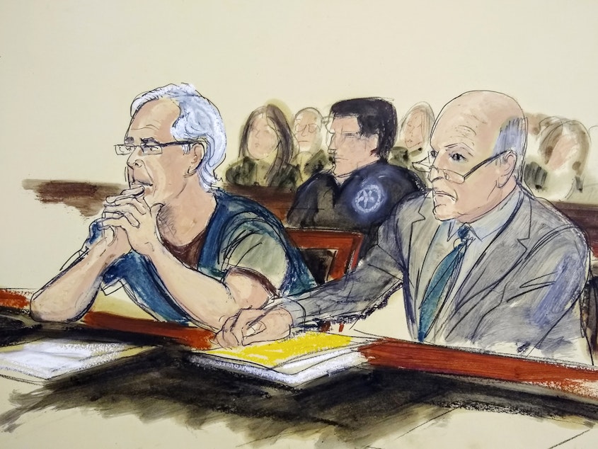 caption: In this courtroom artist's sketch, defendant Jeffrey Epstein (left) and his attorney Martin Weinberg listen during a bail hearing Monday in federal court in New York. On Thursday, a judge said Epstein should remain in detention.