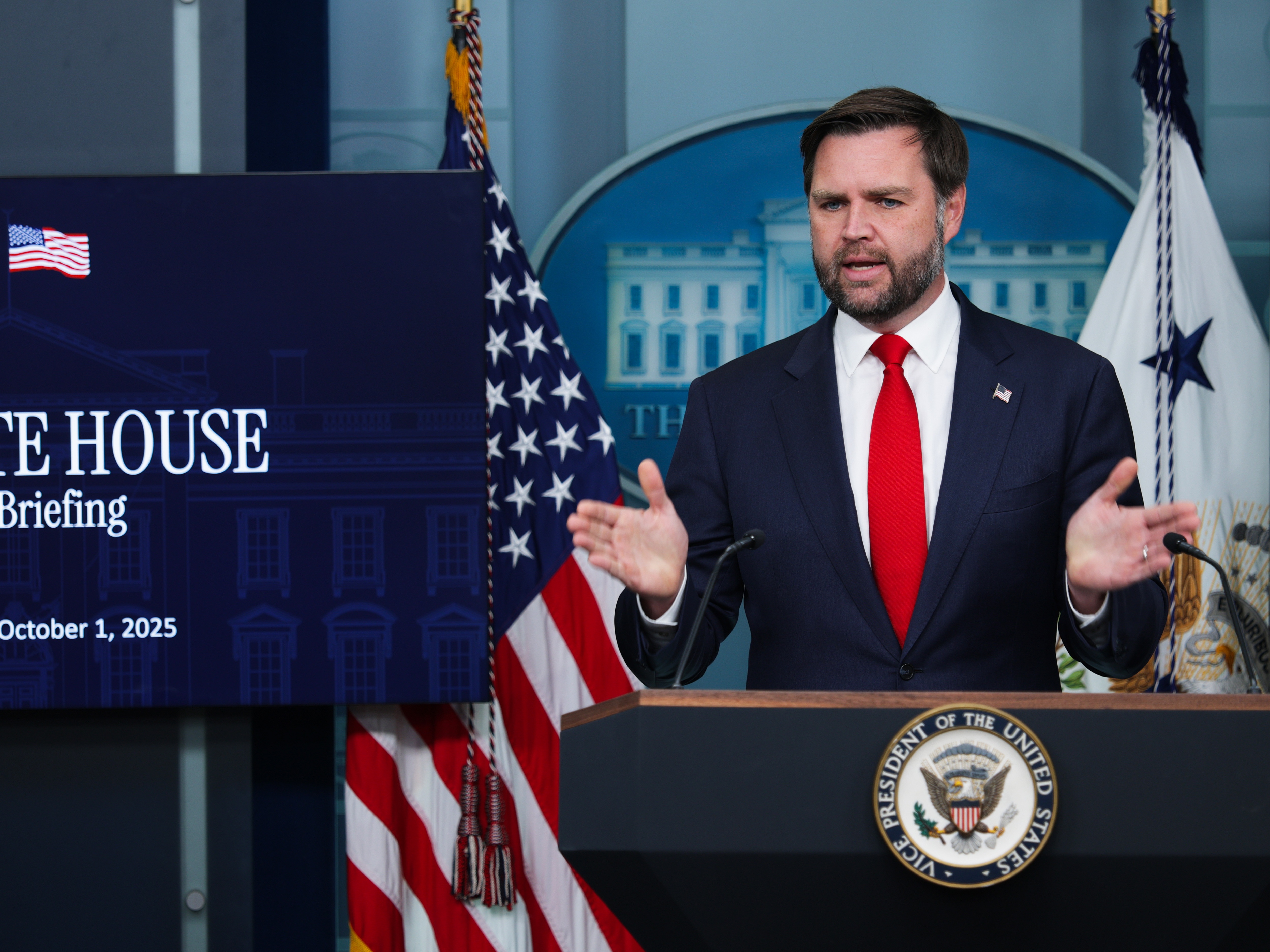 caption: Vice President JD Vance speaks at the White House press briefing on the day the government shutdown. Vance is among the Republicans arguing there's plenty of time to extend ACA tax credits.