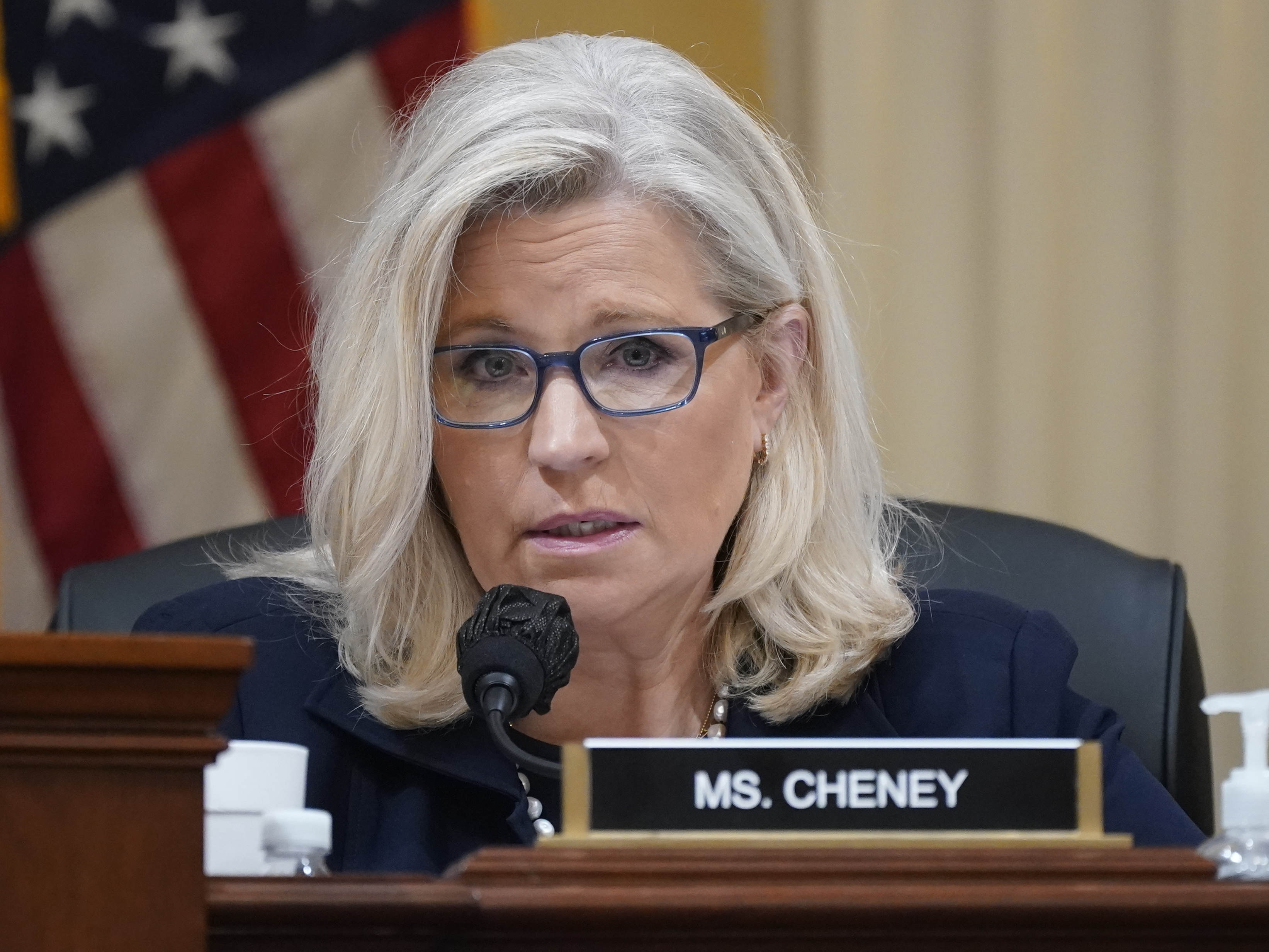 caption: Vice Chair Liz Cheney, R-Wyo., speaks Thursday at the House select committee investigating the Jan. 6, 2021, attack on the Capitol,