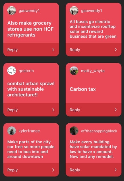 caption: KUOW's audience responds on Instagram to the question: What's one thing you'd do differently to help Seattle meet its climate change goals?