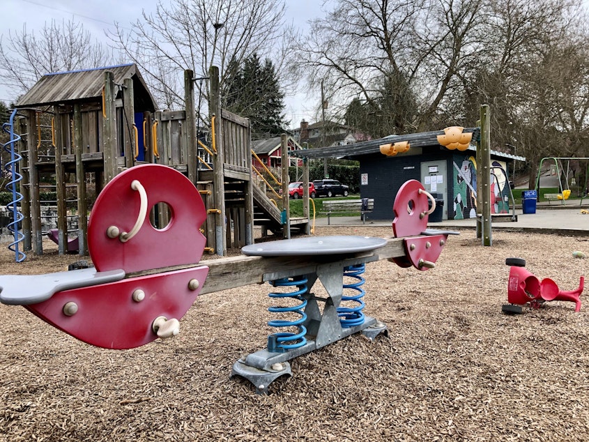 caption: Lakewood Park playground in south Seattle was unusually quiet on Saturday, March 14, 2020. 