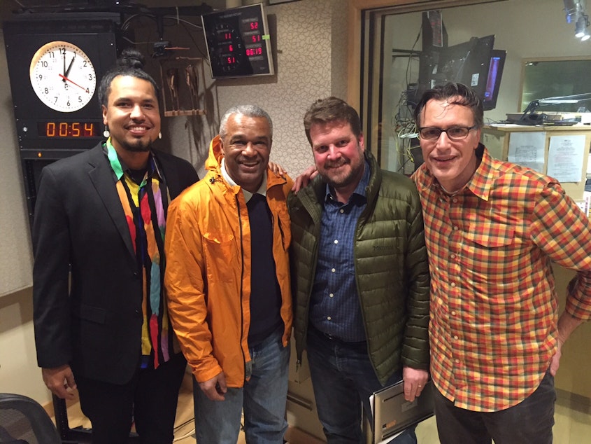 caption: 'Week in Review' panel Gyasi Ross, Ron Sims, Jonathan Martin and KUOW's Bill Radke.