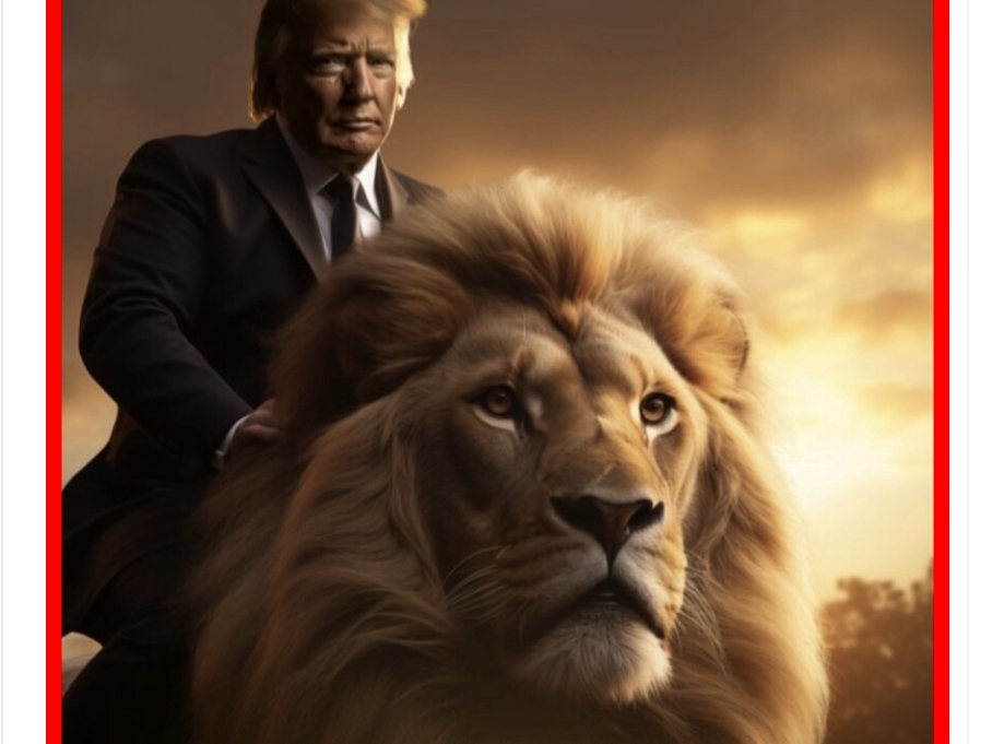 caption: An AI-generated depiction of Donald Trump riding a lion. The image was first posted by a Trump supporter on X before Trump reposted the depiction on his Truth Social account. Trump has embracing reposting AI-generated images created by his supporters. NPR added the borders to the image to make clear the image was AI-generated.