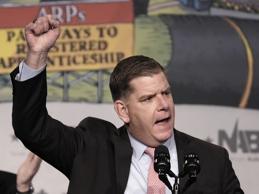 caption: U.S. Secretary of Labor Marty Walsh speaks during the annual North America's Building Trade's Unions Legislative Conference in Washington, D.C. on April 6, 2022.