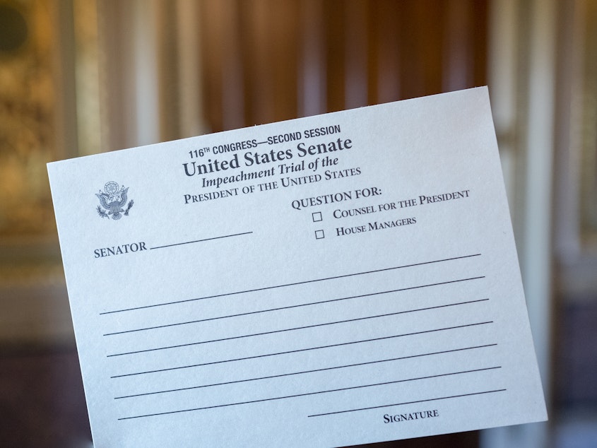 caption: Senators are using these cards to hand-write their inquiries during President Trump's impeachment trial. The cards are passed up to Chief Justice John Roberts.