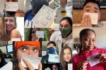 caption: Some of our readers sent in their vaccine selfie pics. We asked the experts: What should they do with their vaccine cards?