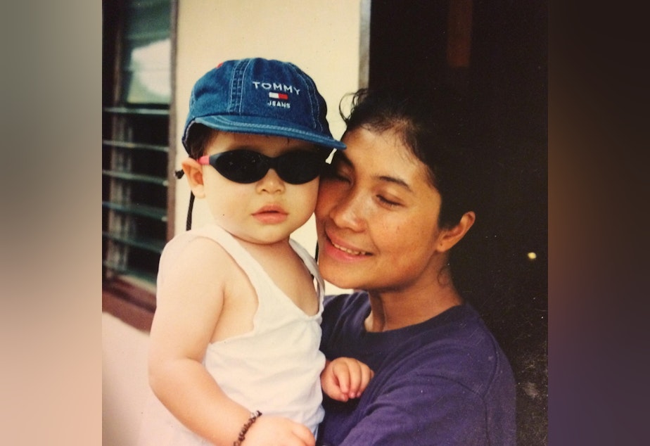 caption: Arvie Lynn Cabral with her son Riley