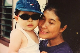 caption: Arvie Lynn Cabral with her son Riley 