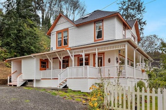 caption: In this undated photo provided by RETO Media is the house featured in the Steven Spielberg film <em>The Goonies</em> in Astoria, Ore.