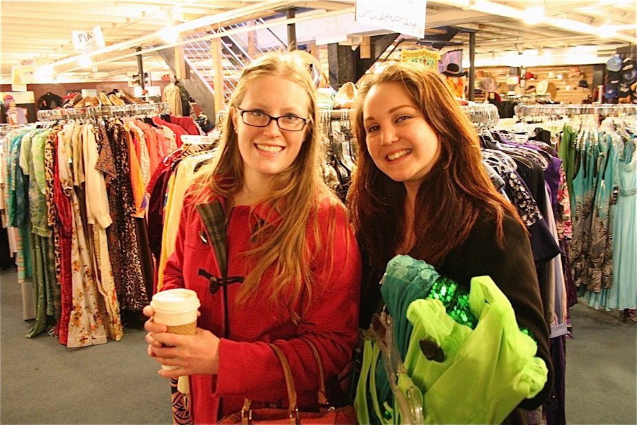 caption: Emily Nuckols and Kala Armijo at Red Light in Seattle. Seattle artist Mackelmore sparked a thrift store revival.