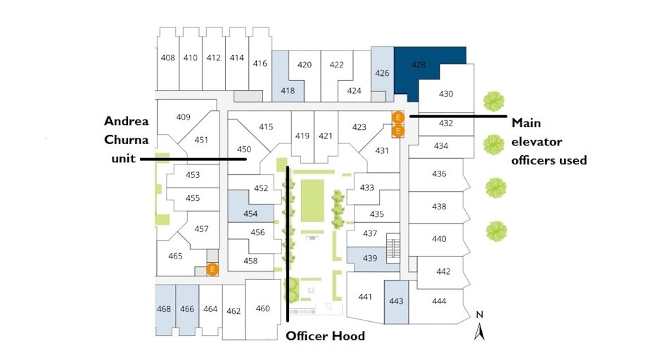 caption: The fourth-floor layout of the Modera Apartments where Andrea Thomas Churna was shot in September 2020. The officers who shot her are not included in this diagram because it is unclear where they were staged.