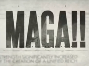 caption: Detail of the "unified reich" text beneath a hypothetical "MAGA!!" headline.