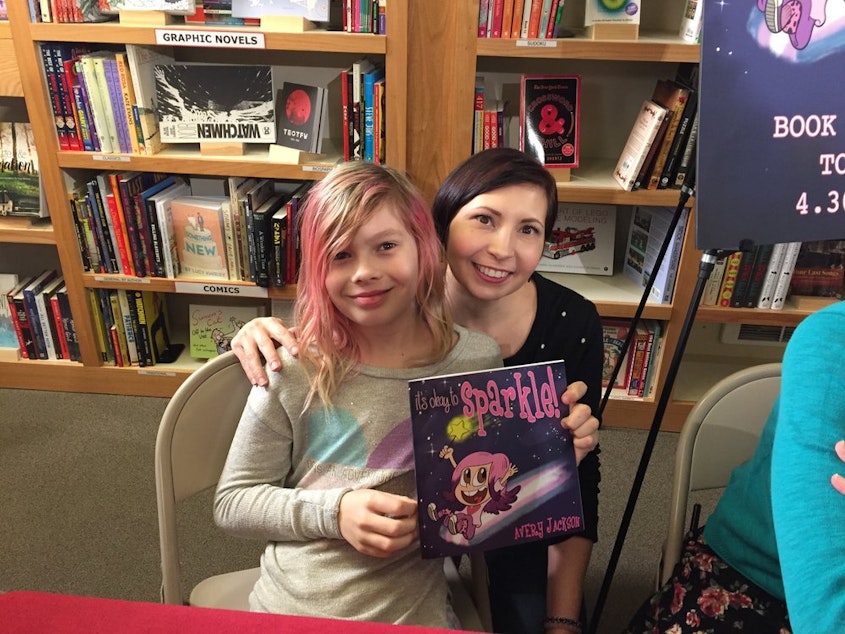 caption: Debi and Avery Jackson at the book launch party in Seattle for Avery's book, 'It's Okay to Sparkle.'