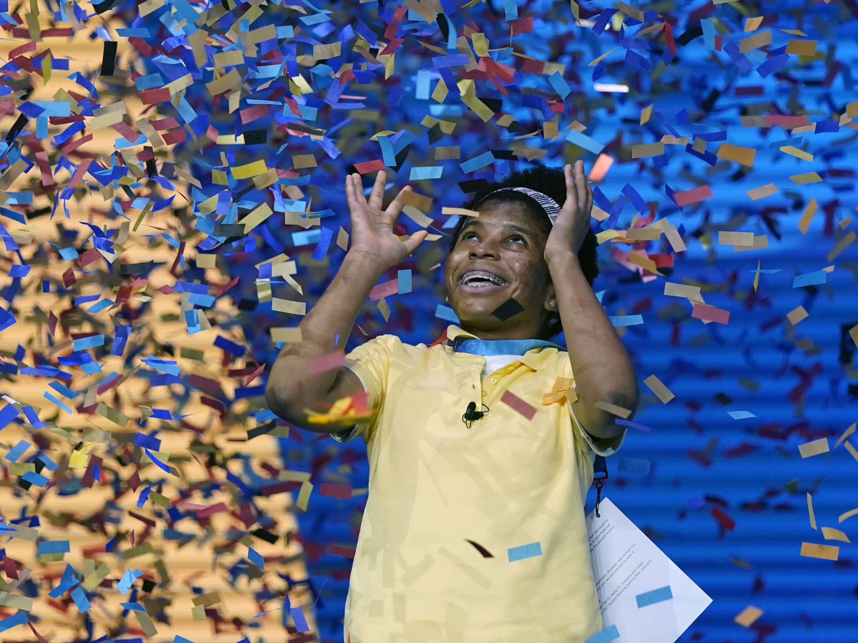 caption: Zaila Avant-garde, 14, from Harvey, La., celebrates winning the finals of the 2021 Scripps National Spelling Bee at Disney World on Thursday.