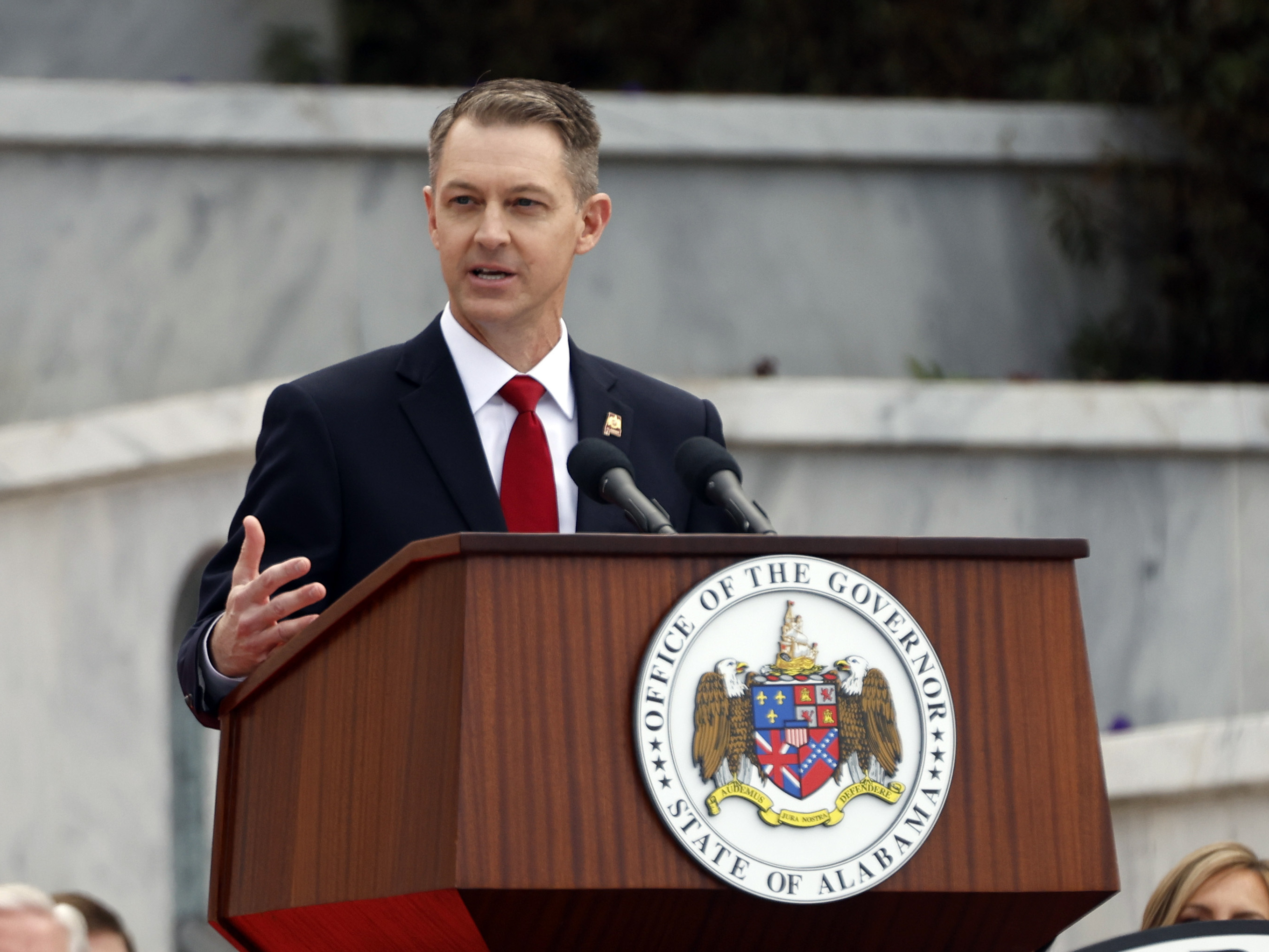 caption: Alabama Secretary of State Wes Allen speaks during his inauguration on Jan. 16, 2023, in Montgomery, Ala. After pulling Alabama out of the Electronic Registration Information Center, Allen has now announced a new voter database.