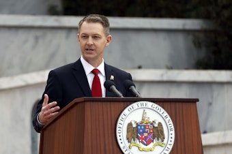 caption: Alabama Secretary of State Wes Allen speaks during his inauguration on Jan. 16, 2023, in Montgomery, Ala. After pulling Alabama out of the Electronic Registration Information Center, Allen has now announced a new voter database.