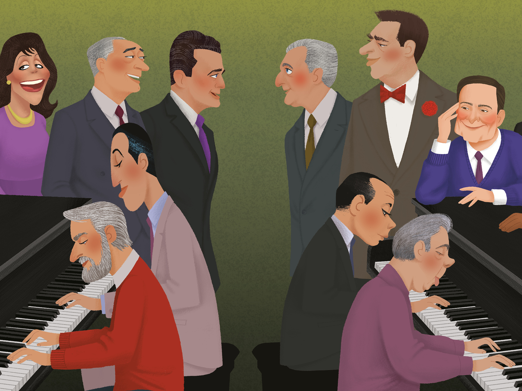 caption: Illustrator Peter Emmerich says he drew on both research and his own personal memories to draw people like Stephen Sondheim. "I put him in the book wearing what he was wearing when I met him," says Emmerich. "Because, like, I will never forget him in that red sweater."