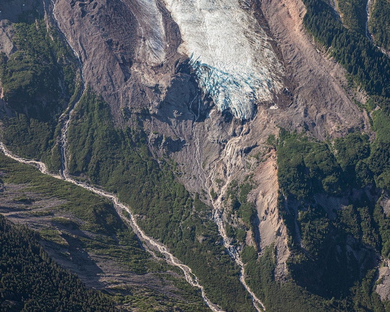 caption: The Coleman Glacier on Washington's Mount Baker on July 10, 2021 