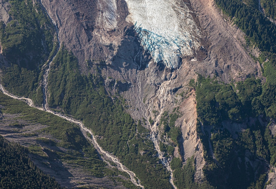 caption: The Coleman Glacier on Washington's Mount Baker on July 10, 2021 