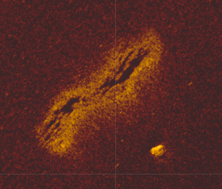 caption: A low Resolution sonar image of the remains of part of the upper deck of the S.S. Pacific, and some steam machinery to the lower right.